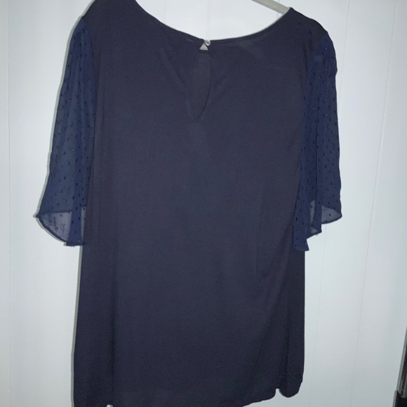 Loft navy knit blouse Sz M sheer glitter flutter sleeves keyhole back - Picture 3 of 6